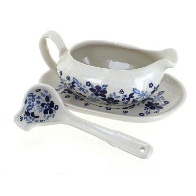  Blue Rose Polish Pottery Christiana Gravy Boat & Ladle 