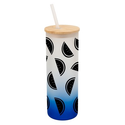 Elanze Designs Watermelon Fruit Happy Summer Vibes Wrap-Around Design 25 Ounce Frosted Gradient Glass On-The-Go Coffee Travel Skinny Tumbler Mug Cup,