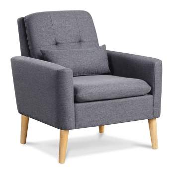 Tangkula Mid-century Modern Accent Chair Linen Fabric Reading Armchair w/ Lumbar Pillow Grey