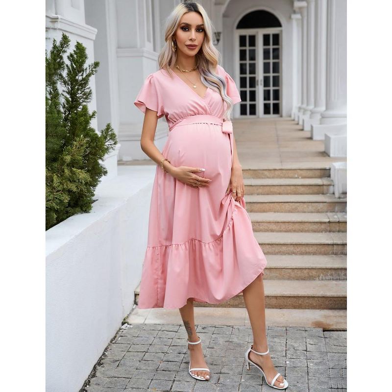 Women's Maternity V Neck Wrap Maxi Summer Dress Short Sleeve Boho Casual Nursing Dress Baby Shower Photoshoot Belt, 4 of 8