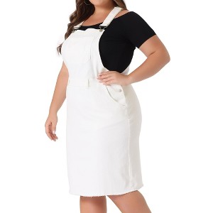 Women's Plus Size Overall Distressed Racerback with Pockets Denim Jumpers Dress - Agnes Orinda - 1 of 4