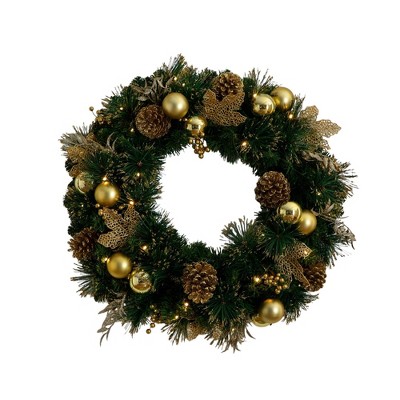 Nearly Natural 24" Pre-Lit Artificial Golden Frosted Christmas Wreath with Pinecones Berries and Ornaments