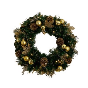 Nearly Natural 24" Pre-Lit Artificial Golden Frosted Christmas Wreath with Pinecones Berries and Ornaments - 1 of 4
