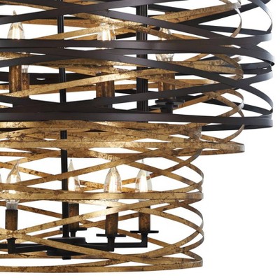Elegant Dark Bronze and Mosaic Gold Drum Chandelier with 18 Lights