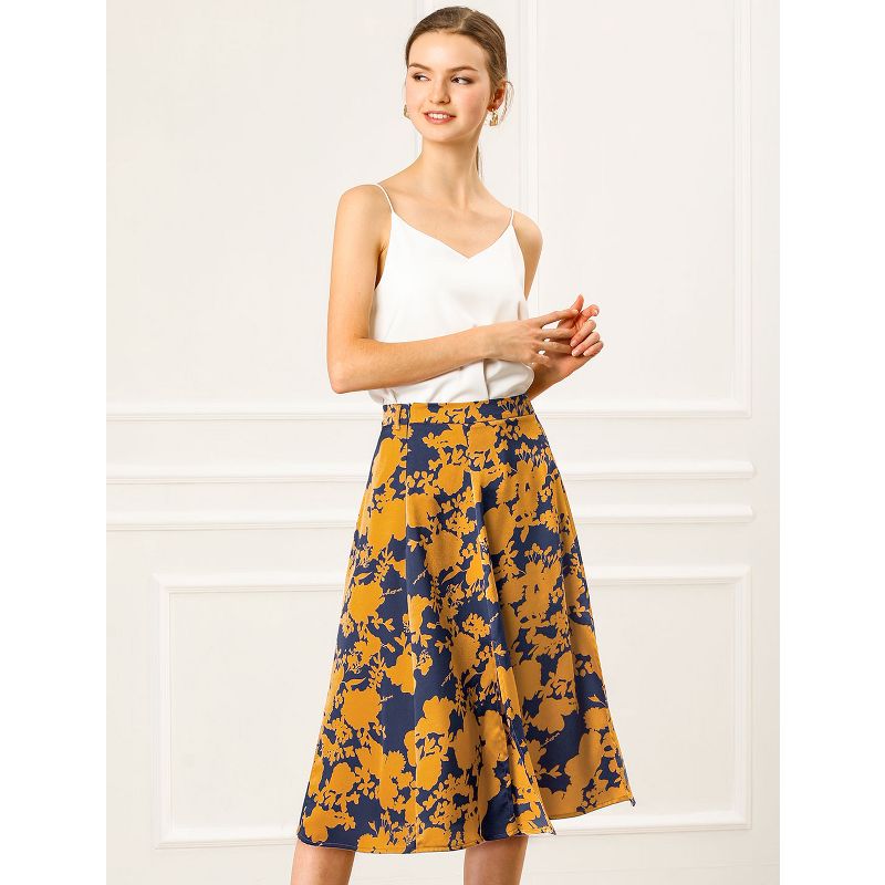 Allegra K Women's High Elastic Waist Belted Slit A-Line Midi Floral Print Skirt, 4 of 8
