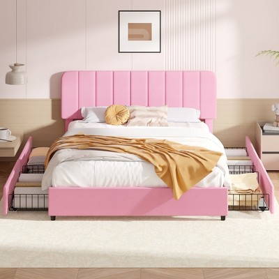 VECELO Upholstered Bed Frame with 1/4 Drawers and Adjustable Headboard, Twin/Full/Queen/King Platform Bed