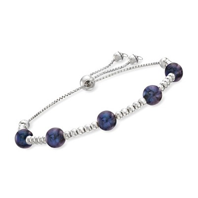 Ross-Simons 7-7.5mm Black Cultured Pearl and Sterling Silver Bead Bolo Bracelet Size