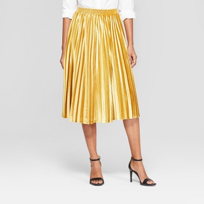 yellow velvet pleated skirt