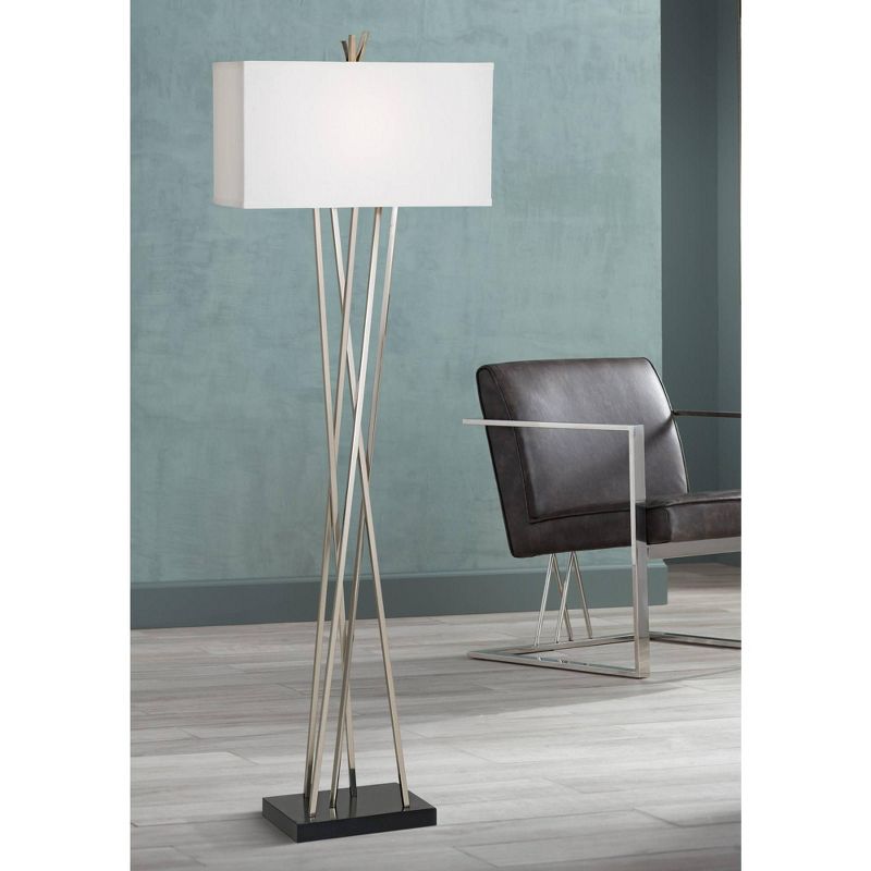 Possini Euro Design Modern Floor Lamp 63.5" Tall Brushed Steel Asymmetry White Linen Rectangular Shade for Living Room Reading Bedroom Office, 2 of 10