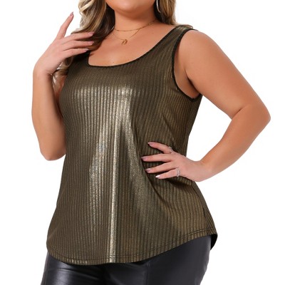 Women's Plus Size Metallic Glitter Shiny Square Neck Sleeveless Club Party Tank Tops - Agnes Orinda 2X Gold