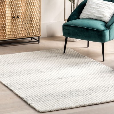 Ivory and Gray Striped Handmade Wool Area Rug 5x8