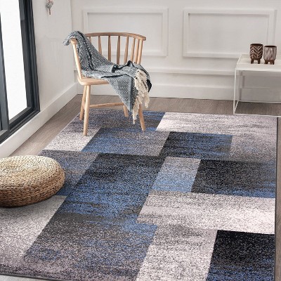 Distressed Blue Boxes Abstract 42" Synthetic Area Rug