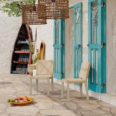 Dining Chairs Set of 2, Armless Solid Wood Chairs with Woven Rattan Backrest Champagne Finish for Indoor Outdoor Patio or Kitchen-Maison Boucle