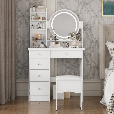 White Wood Makeup Vanity Set with LED Mirror and Stool