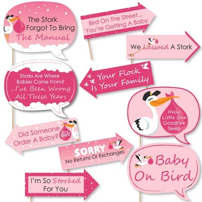 Big Dot of Happiness Funny Girl Special Delivery - Pink It's a Girl Stork Baby Shower Photo Booth Props Kit - 10 Piece