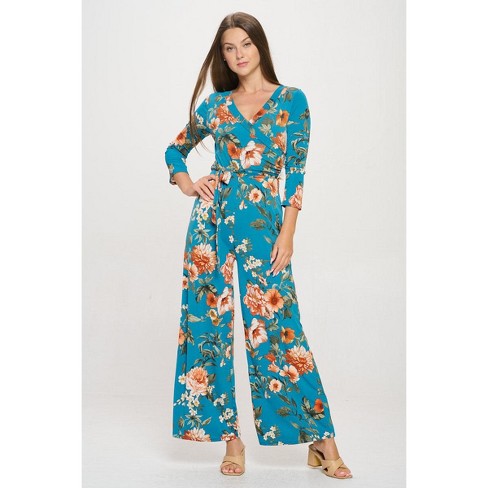 WEST K Women s Shay Surplice Three Quarter Sleeve Jumpsuit Medium Turquoise Floral