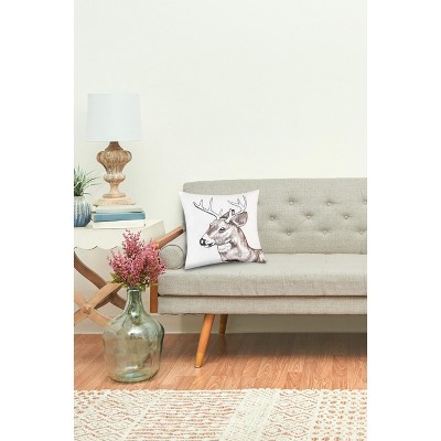 White and Brown Embroidered Deer Portrait Square Pillow