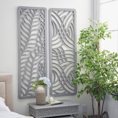 Set of 2 Wooden Leaf Handmade Intricately Carved Wall Decors Light Gray - Olivia & May: Bohemian Style, MDF Composite, Nature Art