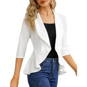 Womens Casual Blazer 3/4 Sleeve Open Front Ruffle Work Office Cardigan Suit Jacket White XL - 1 of 4