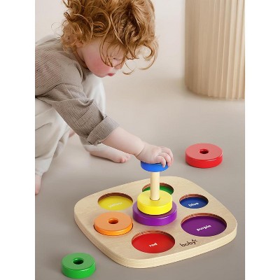 Wooden Rainbow Ring Stacker Toy, Color and Size Sorting Montessori Set for Toddlers Ages 1-3