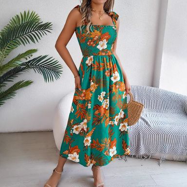 Coolmee Summer Maxi Dresses for Women Casual Adjustable Sleeveless  Spaghetti Strap Ruffle Smocked A-Line Boho Floral Long Beach Sun Dress M  Green : Target