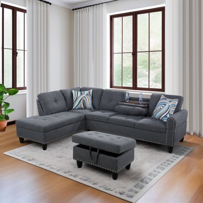 DOMETOUR 3-Piece Linen Sofa Set for Living Room (Sofa+Chaise+Ottoman) Gray