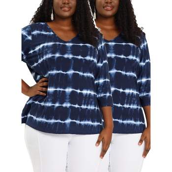 Agnes Orinda Women's Plus Size Tie Dye 3/4 Sleeve Comfy Stripe Blouse 2 Pcs