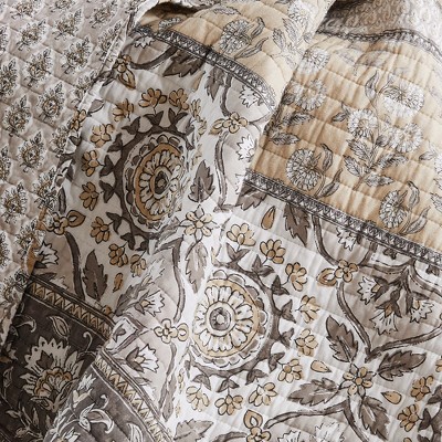 Lirelle Floral Reversible Cotton Throw Blanket in Grey and Tan