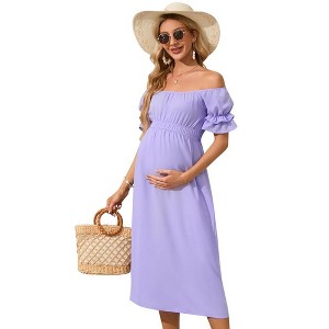 Women's Maternity Off Shoulder Dress Ruffle Short Sleeve Summer Casual Flowy Midi Dress Baby Shower Photoshoot - 1 of 4