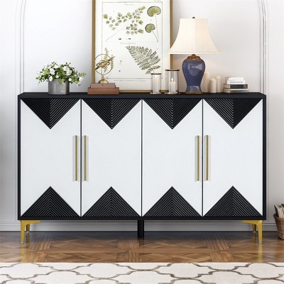 Sideboard Buffet Cabinet With 4 Triangular Pattern Doors, Modern Kitchen Storage Cabinet With Adjustable Shelves Metal Legs For Dining Room