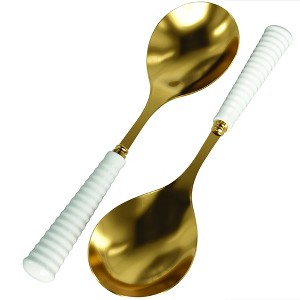Portmeirion Sophie Conran Salad Servers 10-Inch - Set of 2, Gold Metal Spoons with Fine Porcelain Ripple Handles, Elegant Cutlery - 1 of 4