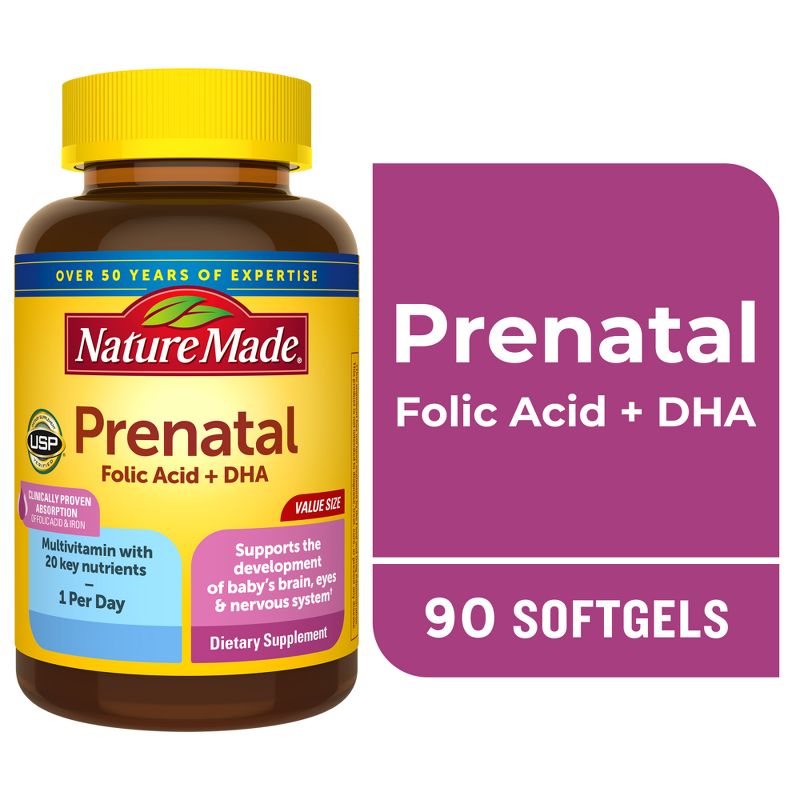 Nature Made Prenatal with Folic Acid + DHA, Prenatal Vitamin and Mineral Supplement Softgels, 4 of 17