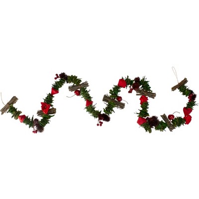 Northlight 5' x 3.25" Unlit Red Wooden Rose, Twig and Apple Artificial Christmas Garland