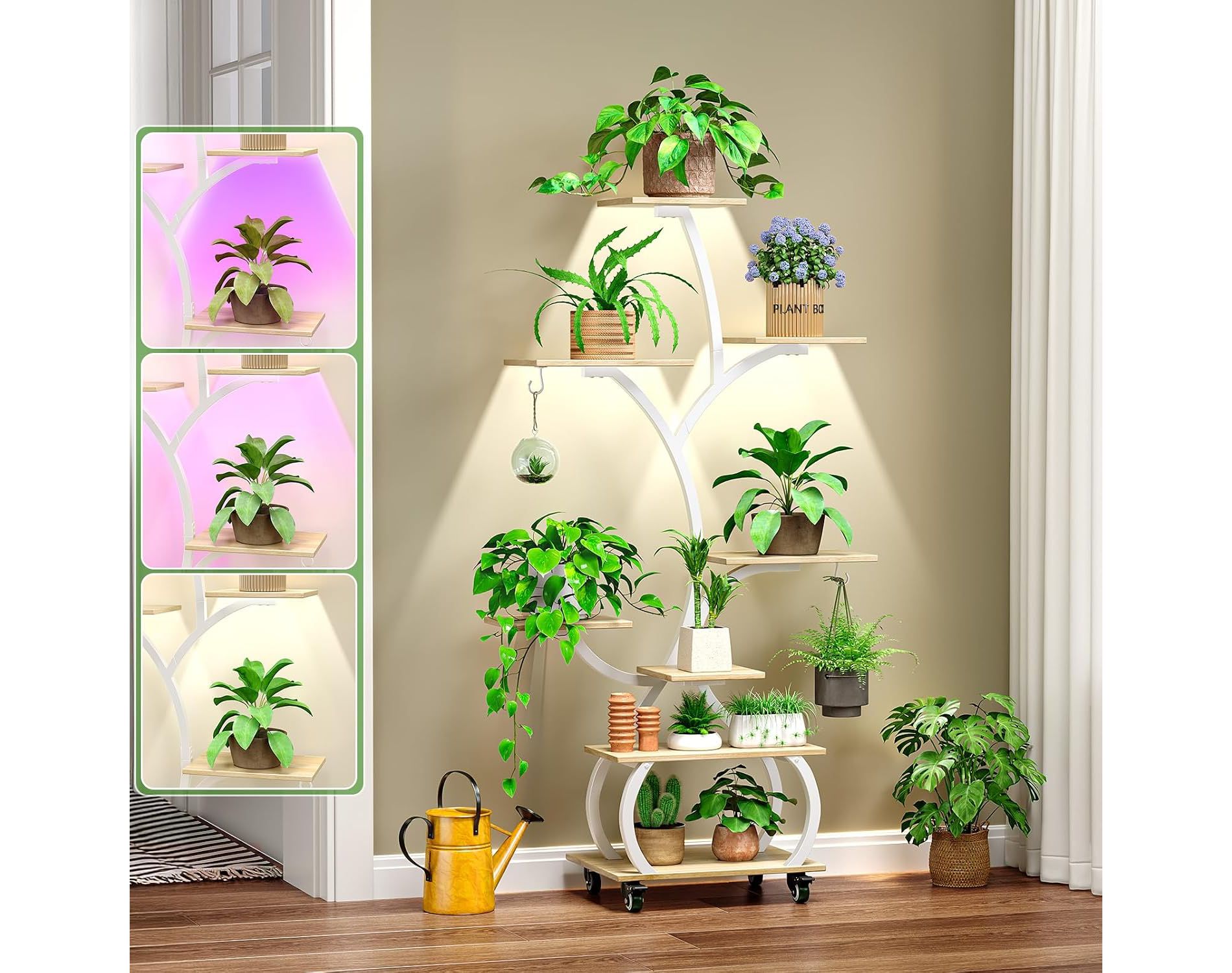 VINGLI 48" Rolling Plant Stand with Grow Lights, 8-Tier, White and Oak | 3 full-spectrum grow lights & 3 light modes, tree-shaped indoor shelf rolls