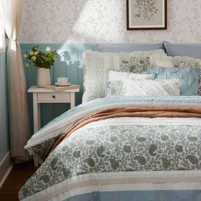 Blue Floral Queen Cotton Reversible Comforter Set