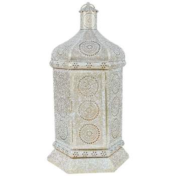 Northlight 21.5" White and Gold Moroccan Style Pillar Candle Table Lantern