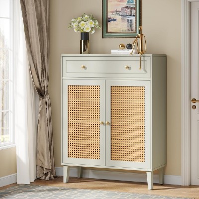 Mint Green Wooden Shoe Cabinet with Rattan Doors and Drawer