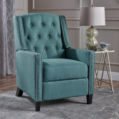 Fabric Push Back Chair with Riveted Armrests and Birch Wood Legs