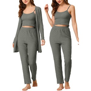 cheibear Women's 3pcs Knit Lounge Sleepwear Pants Shrug Cardigan  Pajama Set - 1 of 4