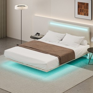CAVINAS Upholstered Floating Full/Queen Bed Frame,Vertical Channel Design Velvet Fabric Bed with LED Lights,No Box Springs Needed - 1 of 4