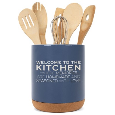 Elanze Designs Welcome to the Kitchen Ceramic Cork Bottom Navy Blue Large Capacity Utensil Holder Crock for Countertop Storage, Stylish & Durable for