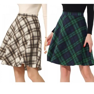 Allegra K Women's Christmas Plaid Vintage Tartan Elastic Waist Knee Length A-Line Skirt 2 Packs - 1 of 4