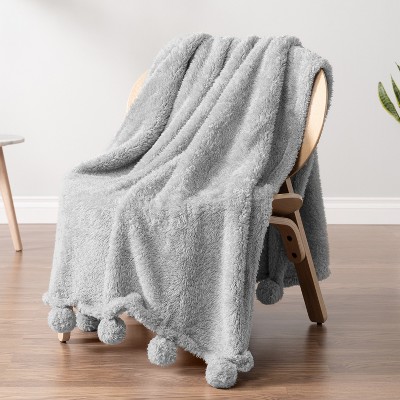 PAVILIA Fluffy Throw Blanket with Pompom, Lightweight Soft Plush Cozy Warm Pom Pom Fringe for Couch Sofa Bed