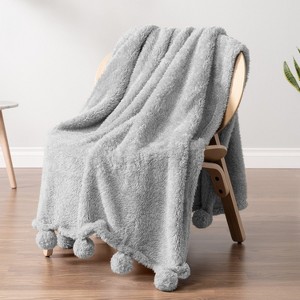 PAVILIA Fluffy Throw Blanket with Pompom, Lightweight Soft Plush Cozy Warm Pom Pom Fringe for Couch Sofa Bed - 1 of 4