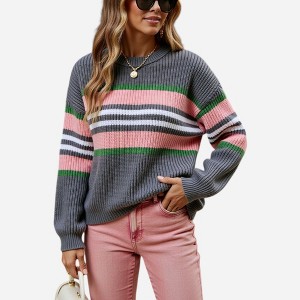 Anna-Kaci Women's Long Sleeve Striped Knit Sweater with Crew Neck and Relaxed Fit - 1 of 4