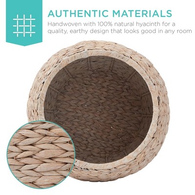 Round Beige Hyacinth Storage Basket with Metal Handles and Lid