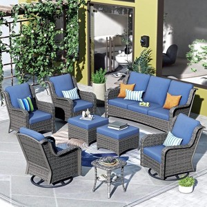 XIZZI Wicker Patio Furniture Set with 3-Seat Sofa, Swivel Rocking Armchairs & Ottomans & Side Table, Modular Sectional Outdoor Conversation Sofa Set - 1 of 4