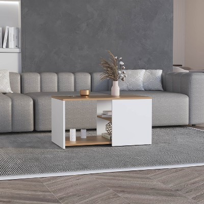 Vynxaria 31" Wide Coffee Table with Three Shelves - Stylish White & Natural Oak Design