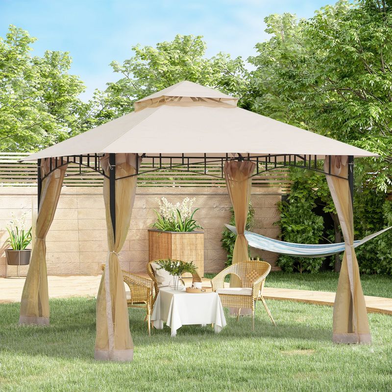 Outsunny 116.25" x 116.25" Outdoor Patio Gazebo Canopy Tent with Mesh Sidewalls, 2-Tier Canopy for Backyard, Beige, 3 of 9