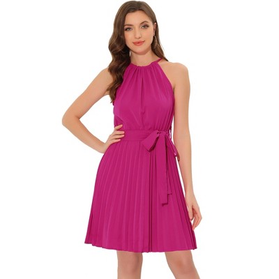 Allegra K Women's Summer Boho Sleeveless Halter Neck Belted Pleated Beach Sundresses
